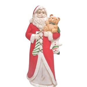 Vintage Taiwan Porcelain Santa Figurine holding teddy bear, Christmas, Holiday